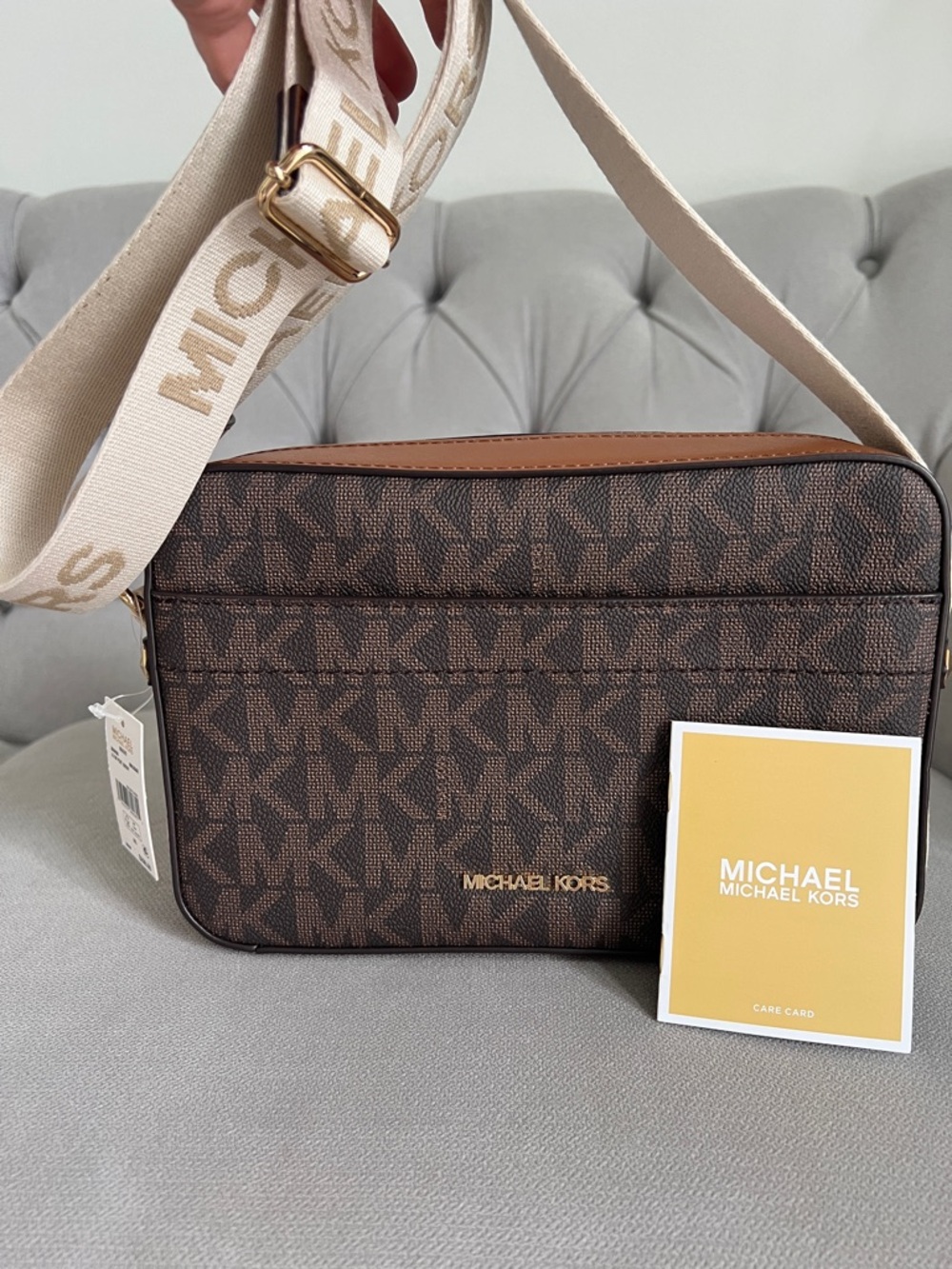 Michael Kors Brown Logo Canvas Crossbody Bag with Branded Cream Strap